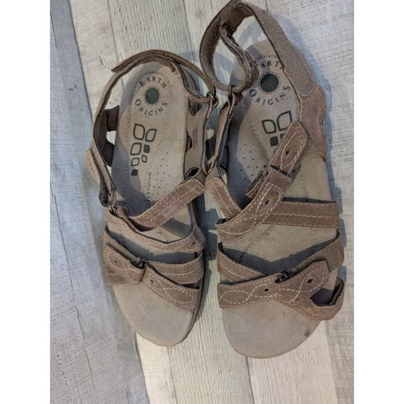 Earth Origins Womens Brown Leather/Synthetic Strappy Sandals Size 9W Comfortable - Picture 1 of 5